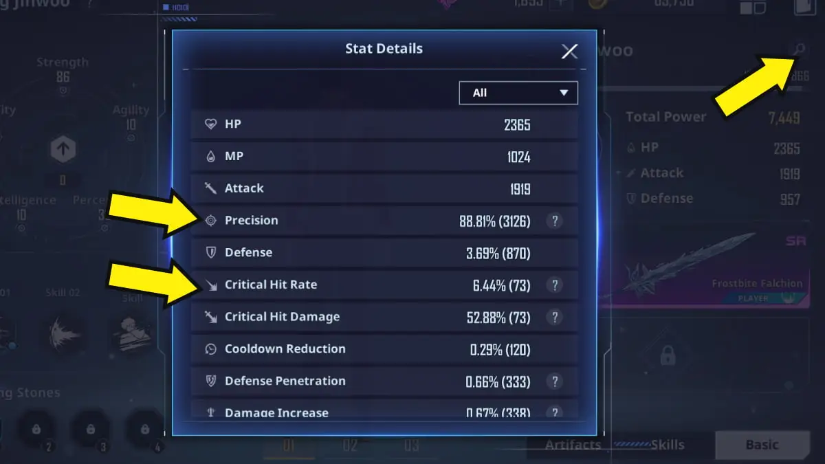 Solo Leveling : écran de détails des statistiques ARISE