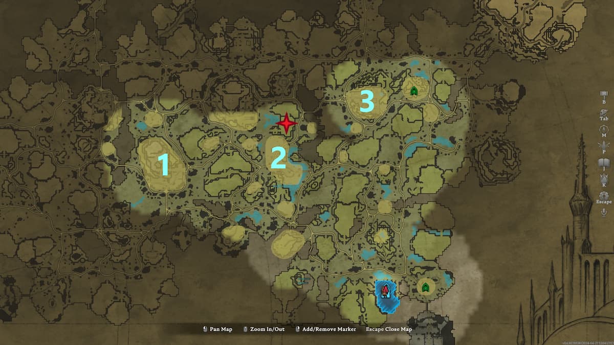 V Rising, carte de Farbane Woods avec des chiffres marquant trois emplacements de boss et une étoile rouge marquant une zone entre eux.