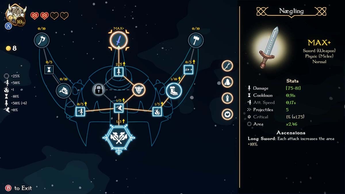 Menu d'ascension de l'épée Naegling dans Nordic Ashes