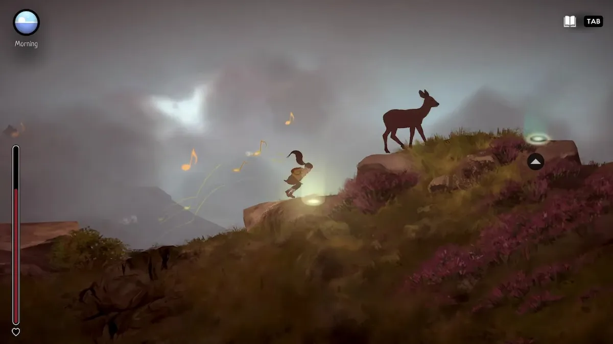 Moira suit un cerf sur une colline pendant que la musique joue dans A Highland Song. 