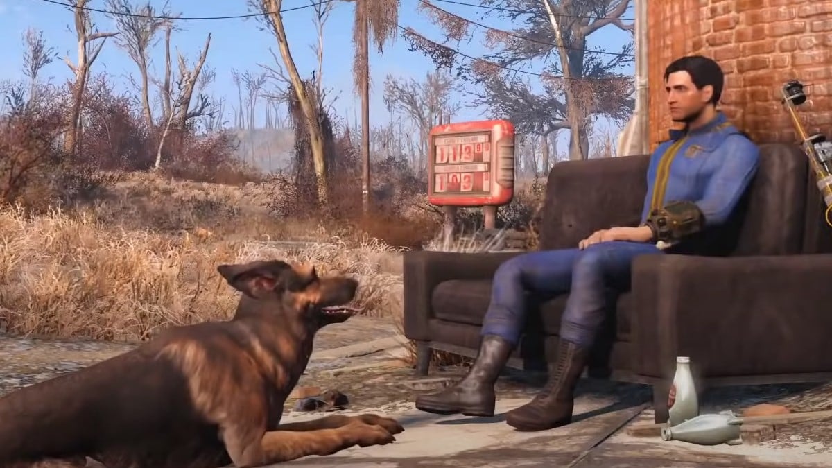 Viande de chien assise avec l'unique survivant dans Fallout 4.