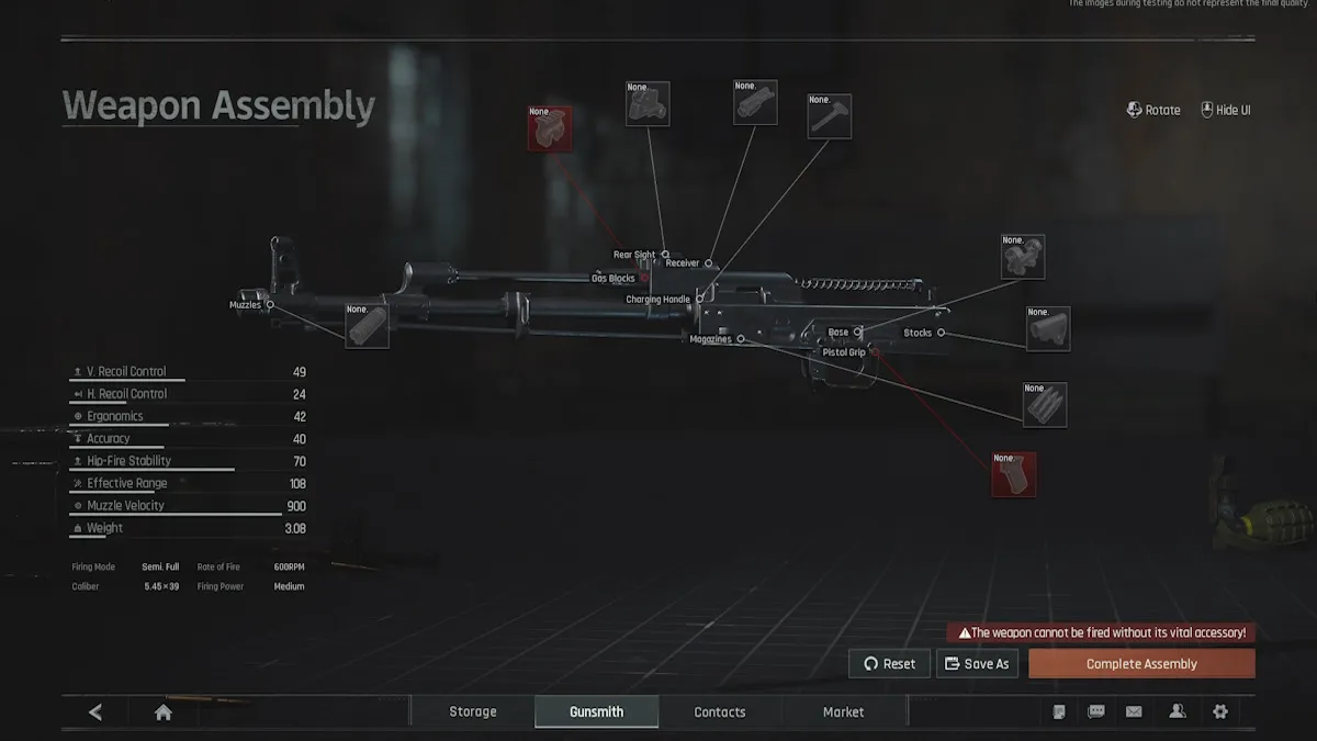 Une vitrine d'une arme vide dans le menu des modifications d'Arena Breakout Infinite.