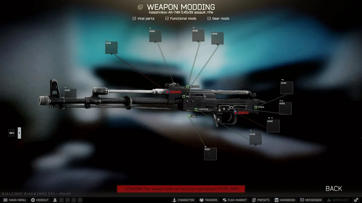 Une vitrine d'une arme vide dans le menu des modifications dans Escape From Tarkov.