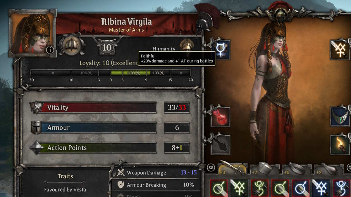Feuille de personnage d'Albina avec un bonus de fidélité dans King Arthur : Legion IX 