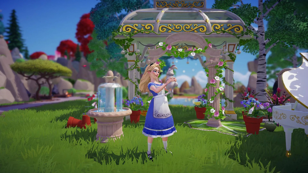 Joueur portant une touche de magie Alice au pays des merveilles robe design dans Disney Dreamlight Valley