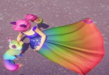 Rainbow fox touch of magic dress design next to rainbow fox critter in Disney Dreamlight Valley