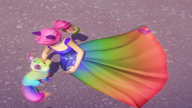 Rainbow fox touch of magic dress design next to rainbow fox critter in Disney Dreamlight Valley