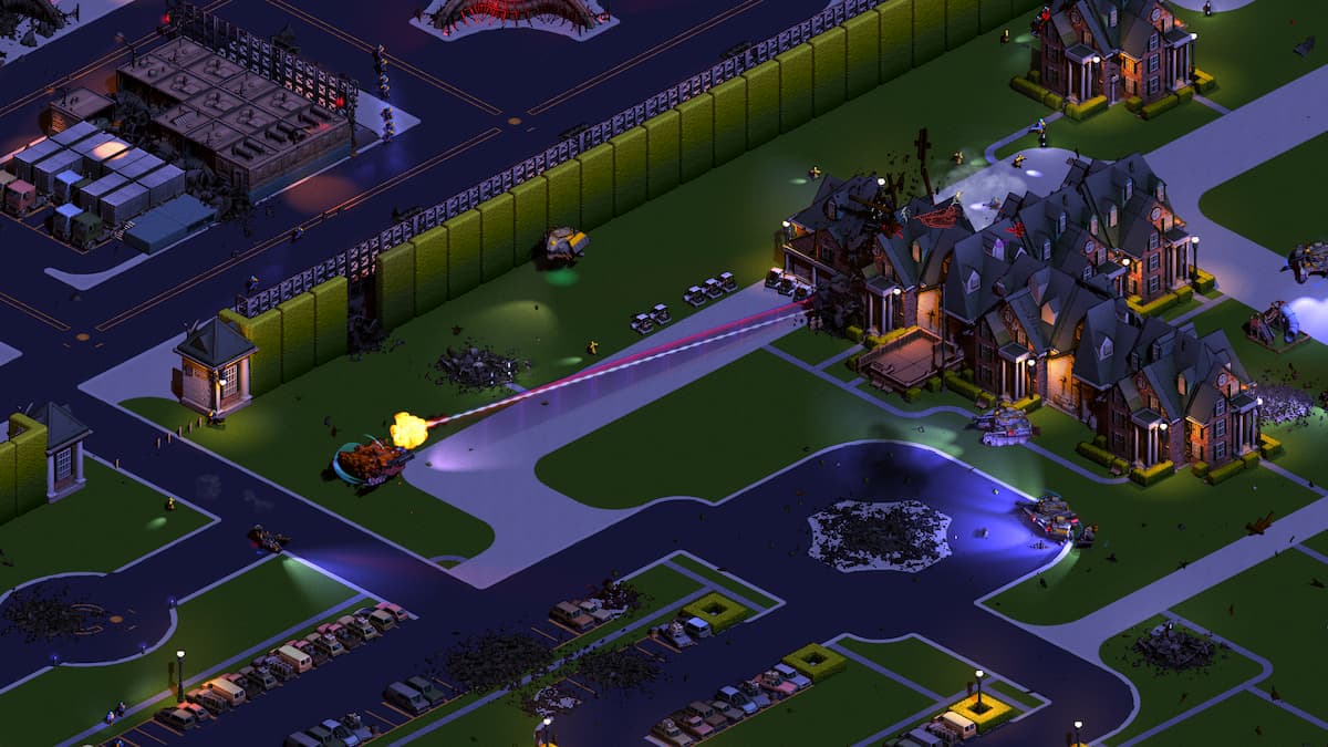 Un joueur utilisant son robot pour détruire des bâtiments dans Brigador