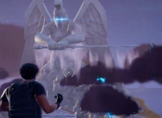 Player looking over Mount Olympus where statue is holding sword and coming to life in storm clouds in Fortnite Chapter 5 Season 2 live event
