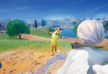 Player facing Peely a character with services who is waving in Fortnite