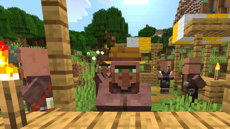 A Minecraft villager looks right at you