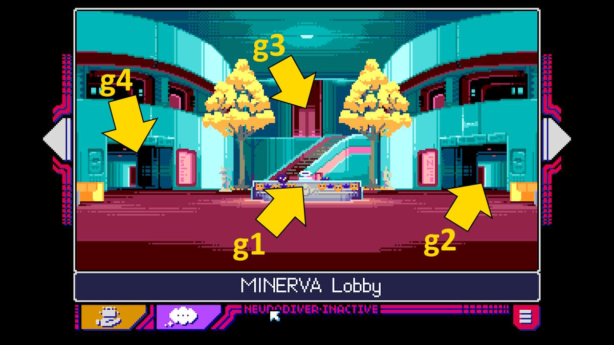 le lobby MINERVA dans Read Only Memories : Neurodiver