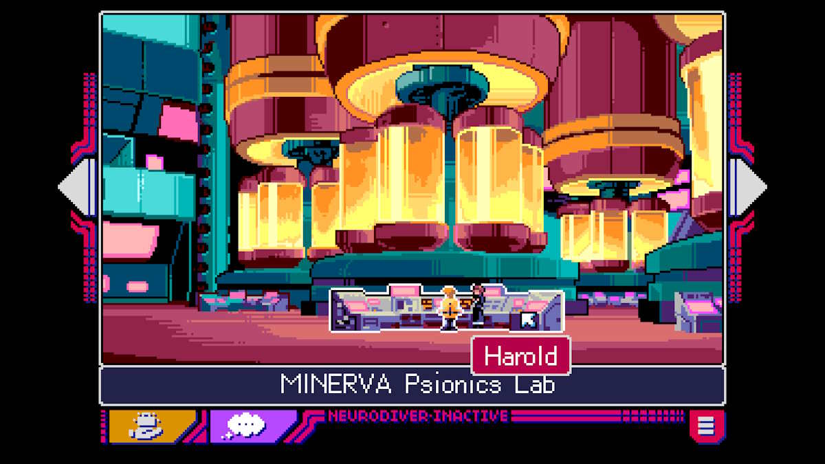 Parler à Harold et Trace dans le laboratoire dans Read Only Memories : Neurodiver