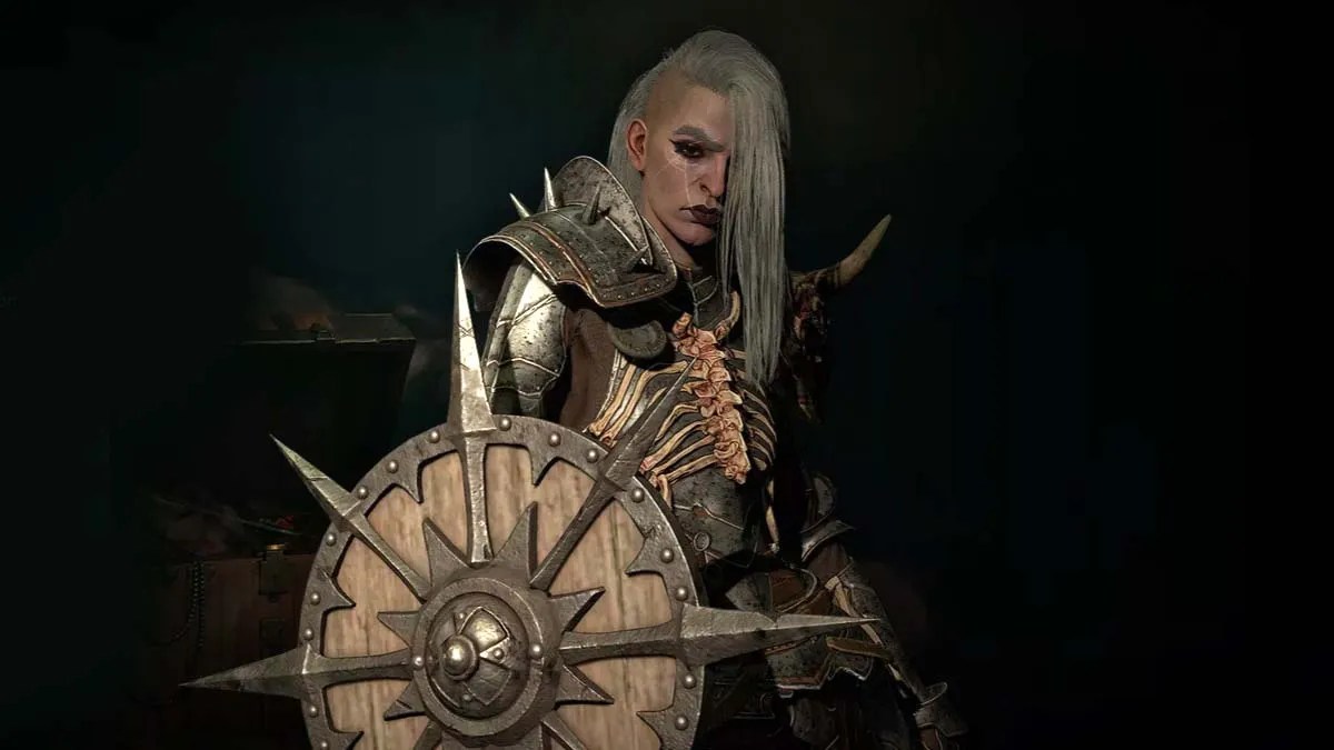 nécromancienne féminine dans Diablo 4 avec un bouclier