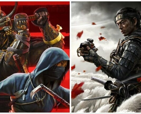 Split image of Assassin's Creed Shadows Yasuke and Naoe and Jin Sakai from Ghost of Tsuhima
