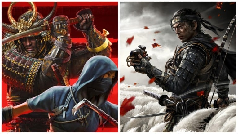 Split image of Assassin's Creed Shadows Yasuke and Naoe and Jin Sakai from Ghost of Tsuhima