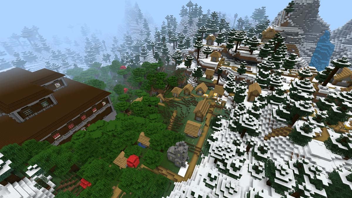 Manoir et village de forêt de neige dans Minecraft