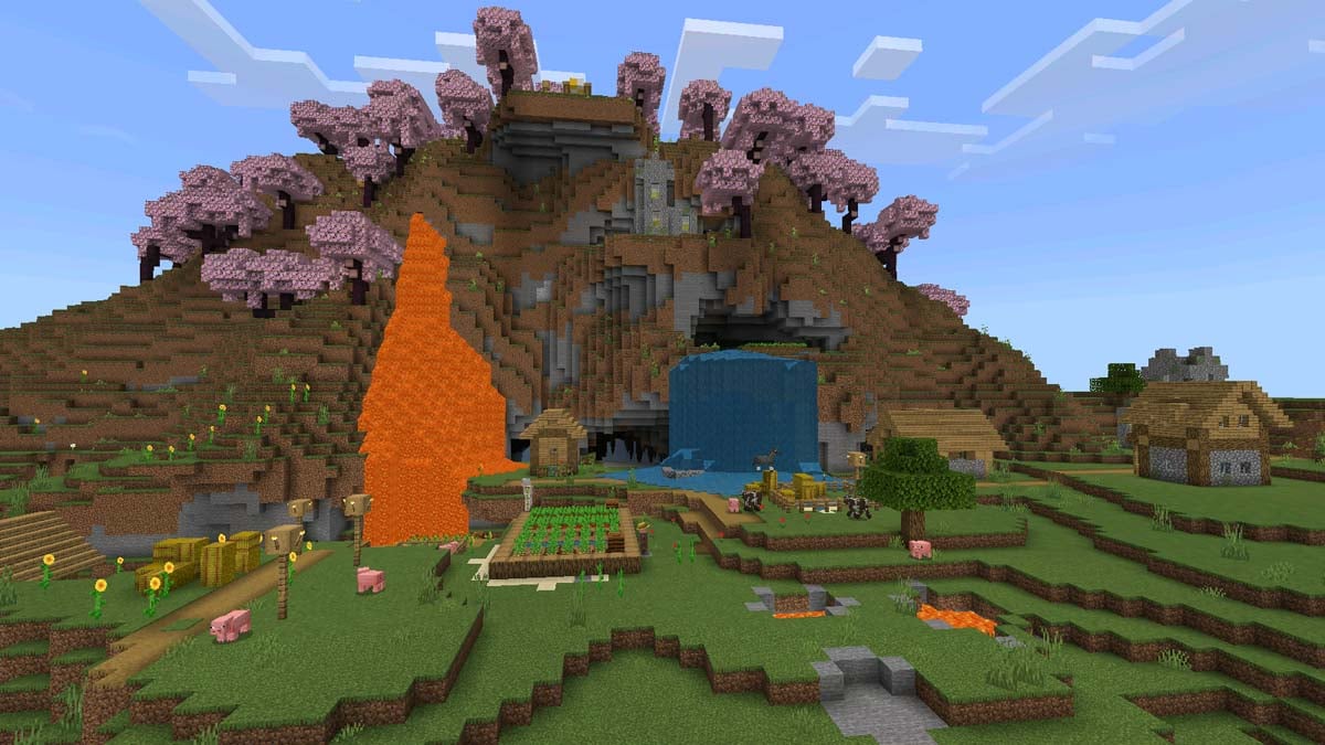 Chute de lave et cascade dans le village de Minecraft