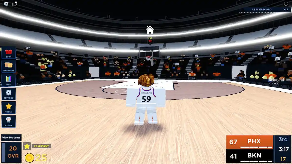 Joueur de basket-ball debout sur un terrain dans le jeu Roblox Basketball Legends