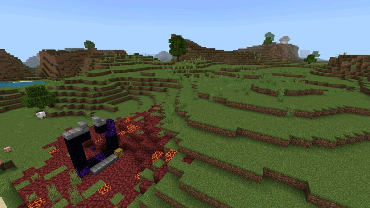 Portail et village en ruine exposés dans Minecraft
