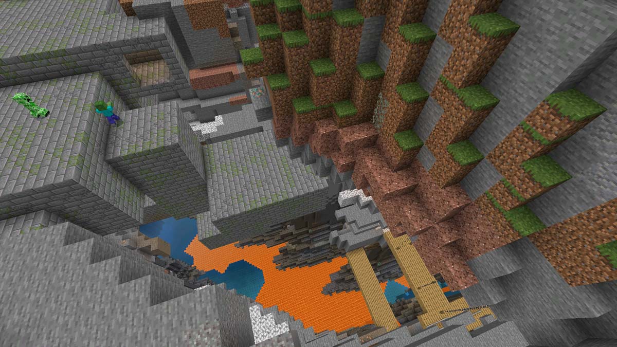 Forteresse exposée et puits de mine dans Minecraft PE