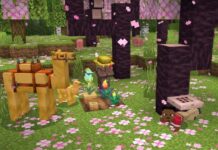 A camel and a villager stand under cherry blossoms in Minecraft
