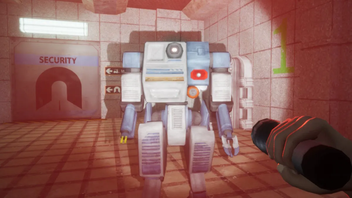 Un robot de sécurité en colère attaquant un joueur dans Abiotic Factor.