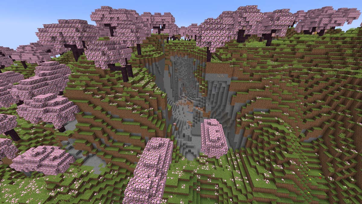 Grotte de gouttelettes à l'intérieur d'une cerisaie dans Minecraft