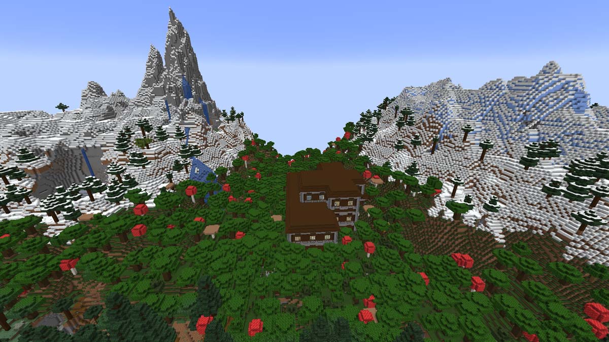 Manoir boisé entre deux montagnes dans Minecraft