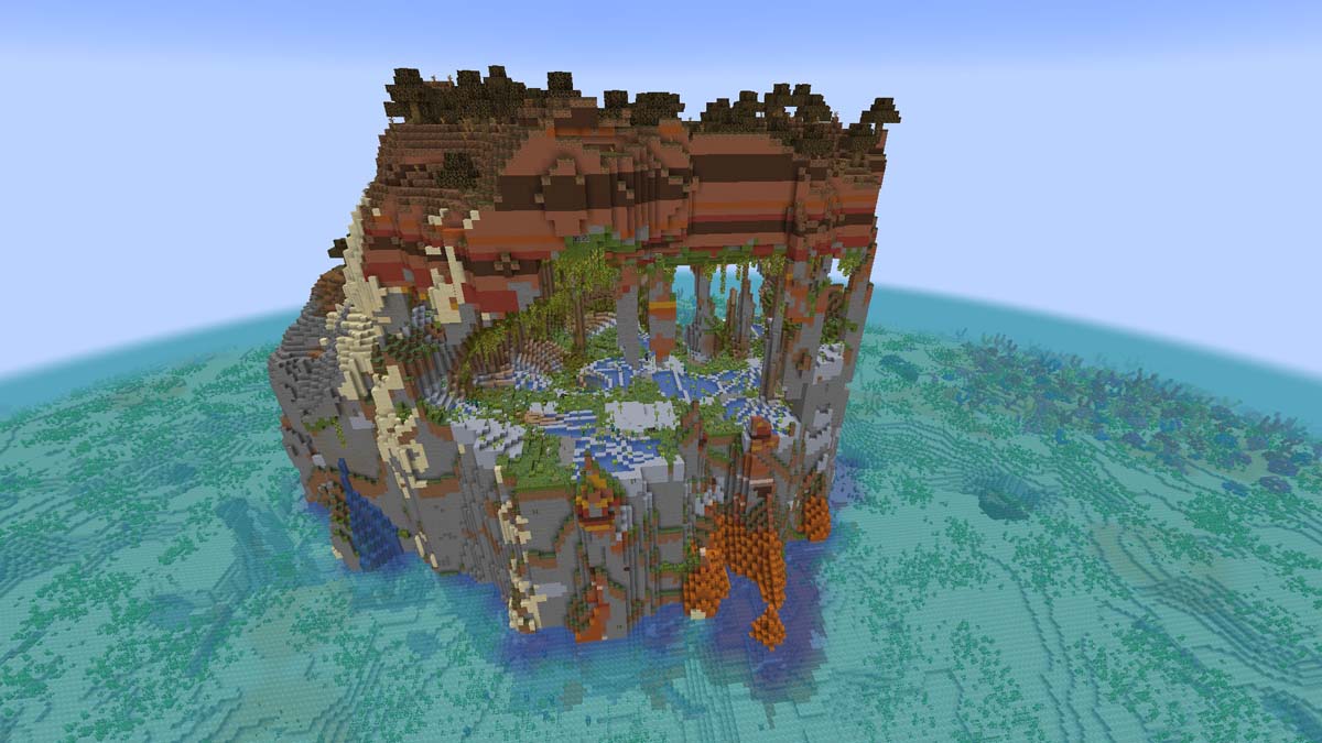 Île creuse avec des grottes luxuriantes dans Minecraft