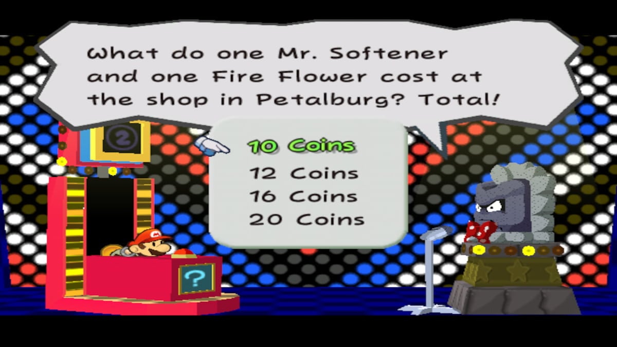 Jeu télévisé Thwomp Trivia du GameCube dans Paper Mario : La porte millénaire.