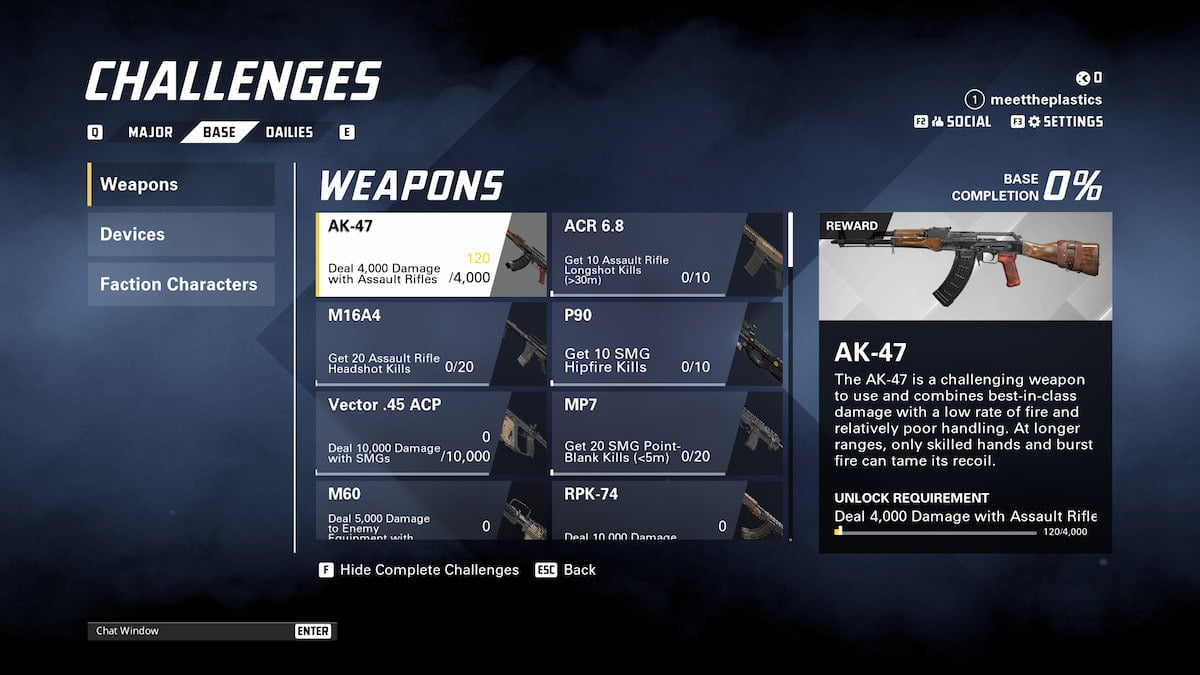 Un menu affichant divers défis d'armes dans XDefiant.