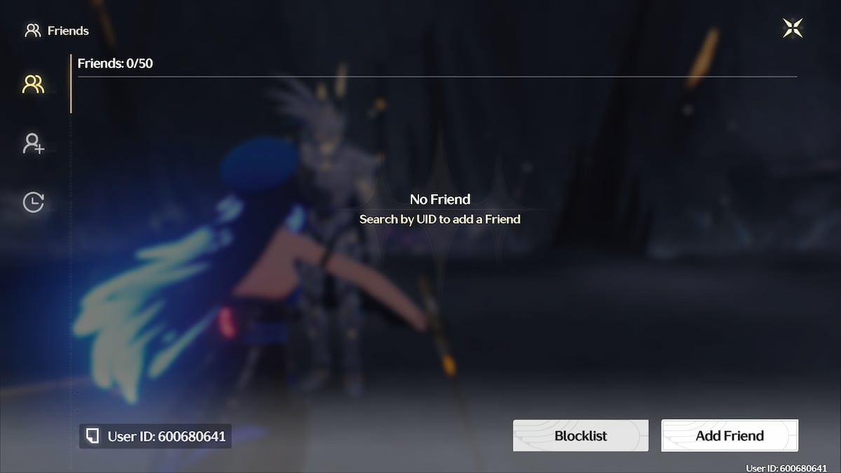 Le menu de la liste d'amis dans Wuthering Waves avec le bouton Ajouter un ami mis en surbrillance dans le coin inférieur droit.