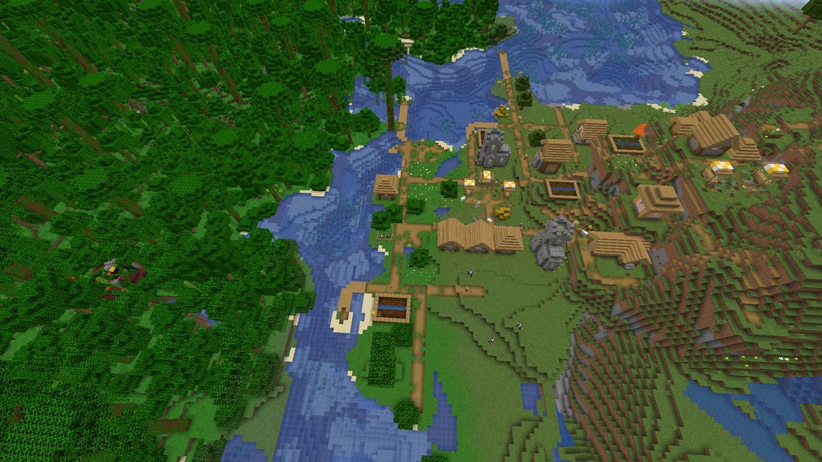 Village Minecraft avec un portail en ruine exposé