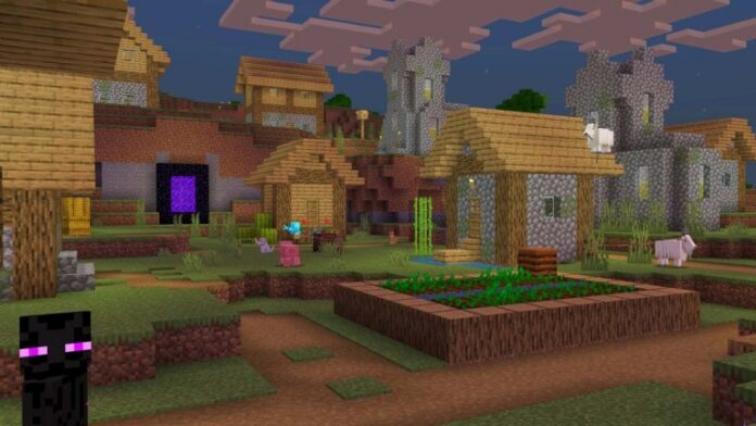 Village with exposed ruined portal and animals in Minecraft