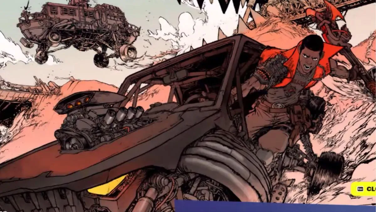 Le personnage de Fortnite, Rust, conduit une voiture dans un terrain vague