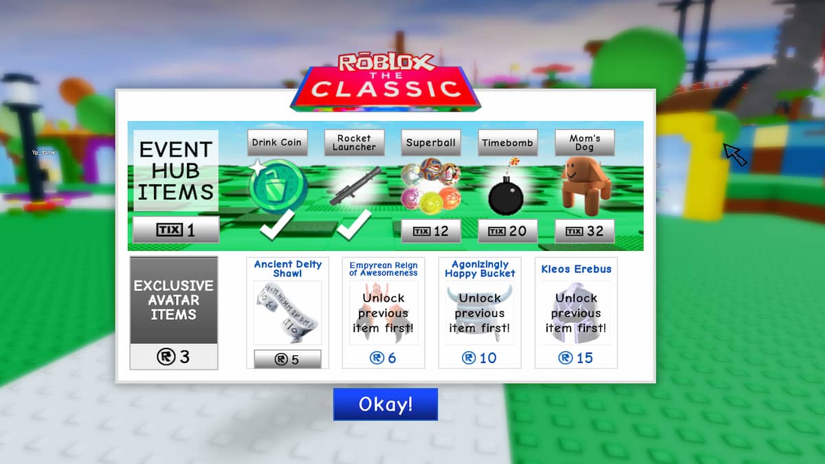 Le menu d'événement exclusif dans Roblox Classic Event