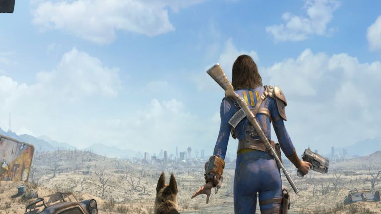 Vault dweller standing next to dogmeat in Fallout 4