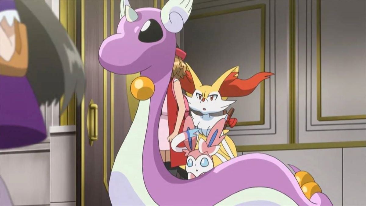 Shiny Dragonair avec Braixen, Sylveon et Serena dans la série animée Pokémon XY