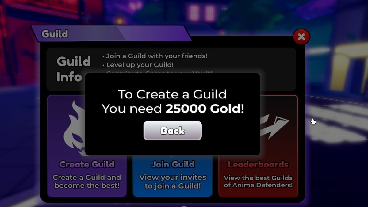 Le menu de création de la guilde Anime Defenders