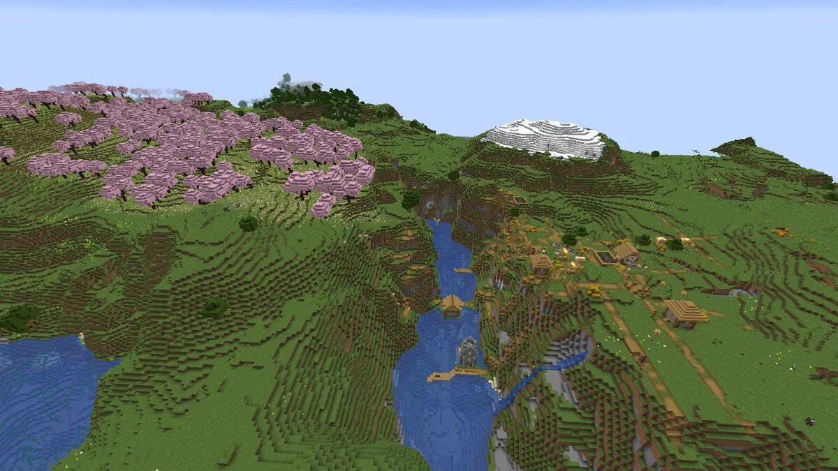 Bosquet fluvial et village dans Minecraft