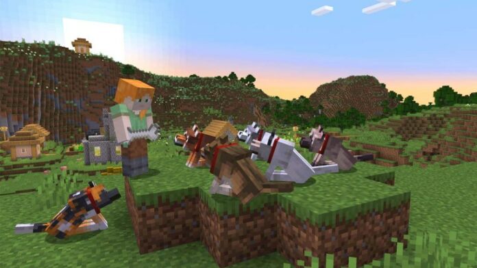 A group of tamed wolves look at Steve in Minecraft