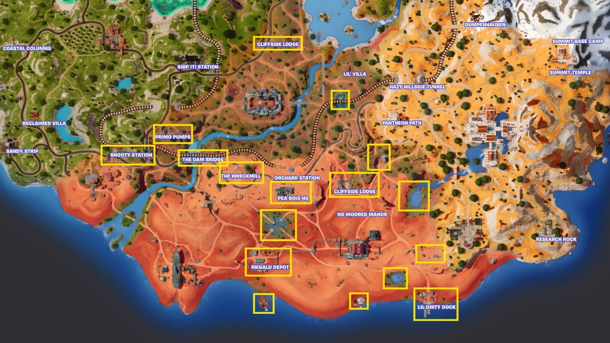 Carte de la saison 3 du chapitre 5 de Fortnite avec les points de repère de Wasteland affichés