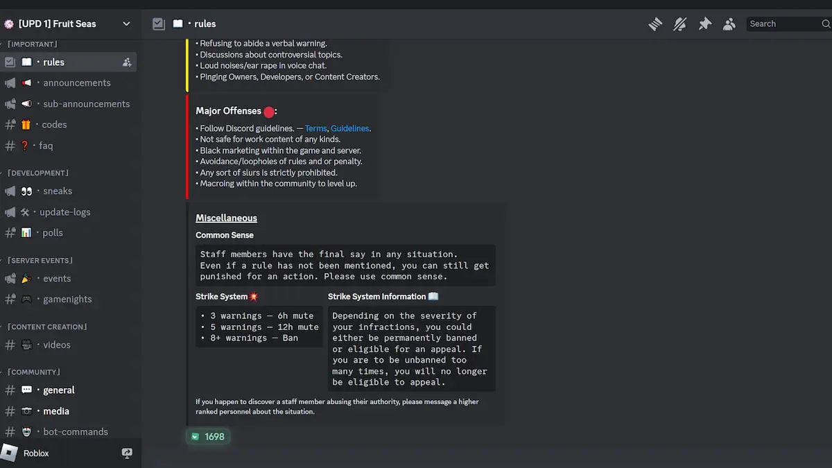 Chaîne de règles Discord de Fruit Seas