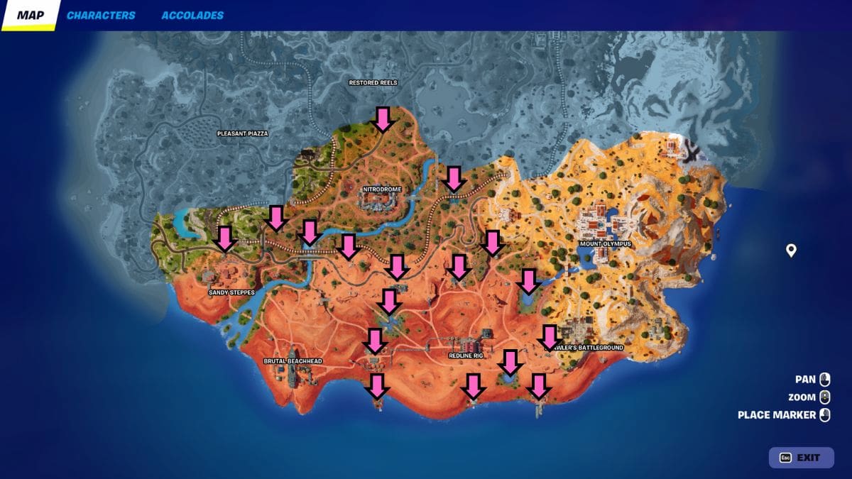 La partie sud de la carte Fornite du jeu avec les emplacements de tous les conteneurs à proximité des monuments de Wasteland dans Fortnite