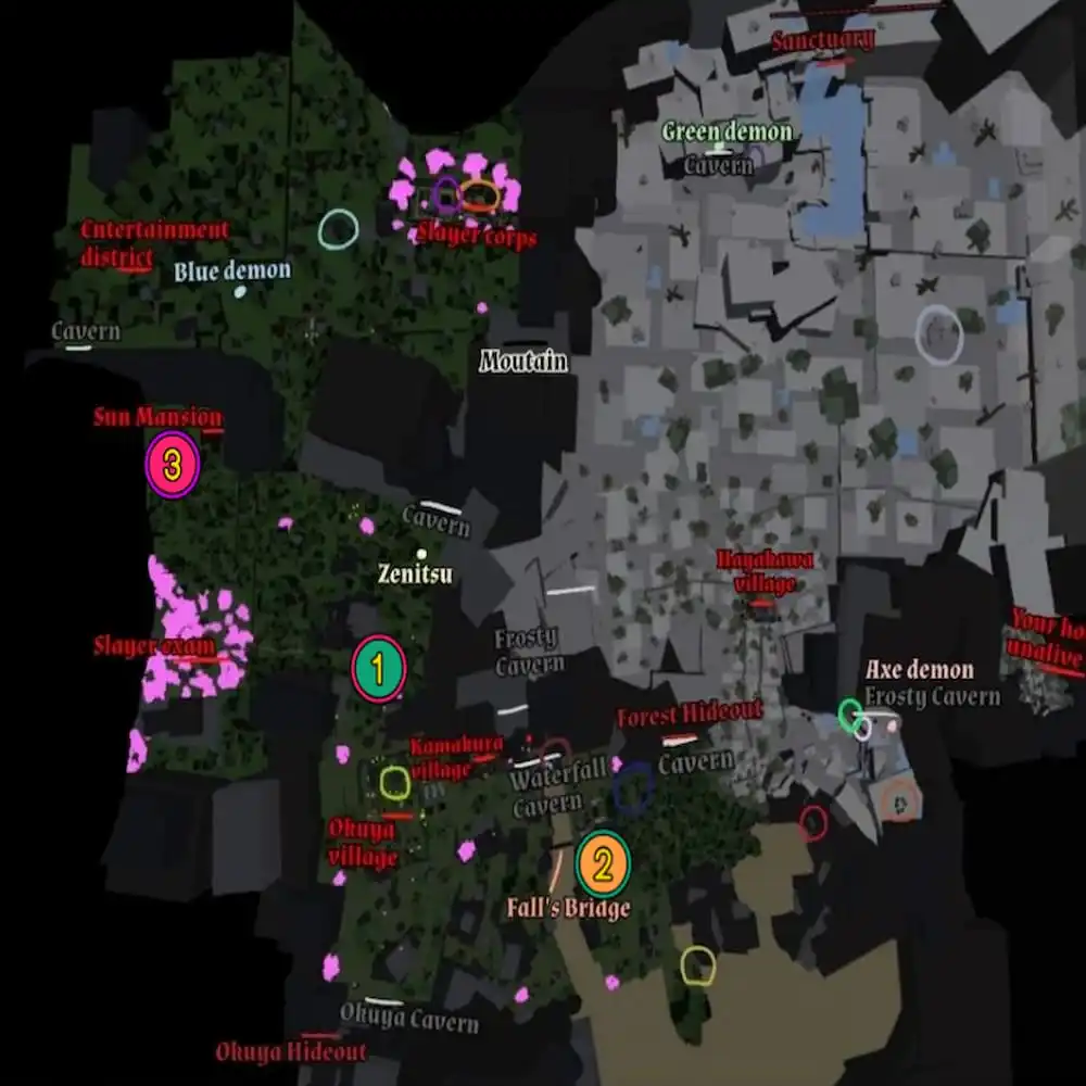Les emplacements de fleurs marqués sur une carte Demonfall