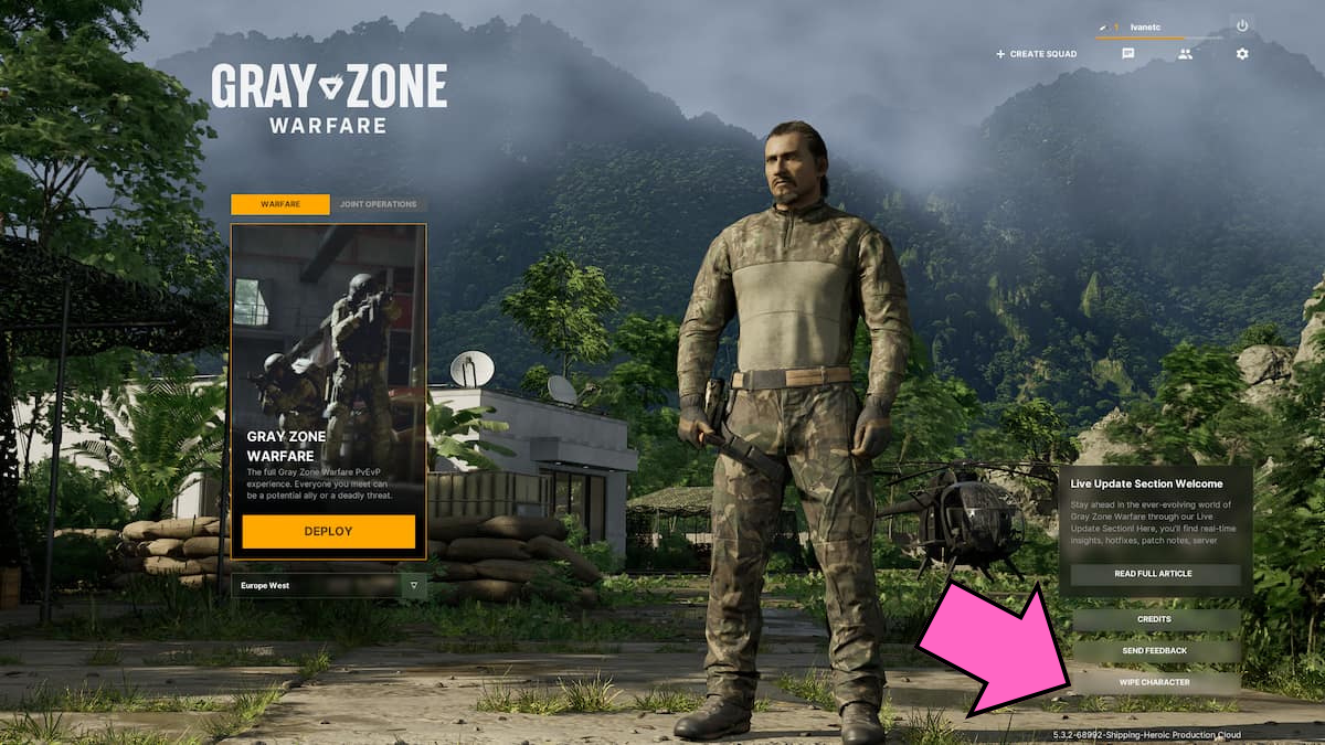 L'écran du menu principal dans Grey Zone Warfare avec une flèche pointant vers "Wipe Character".