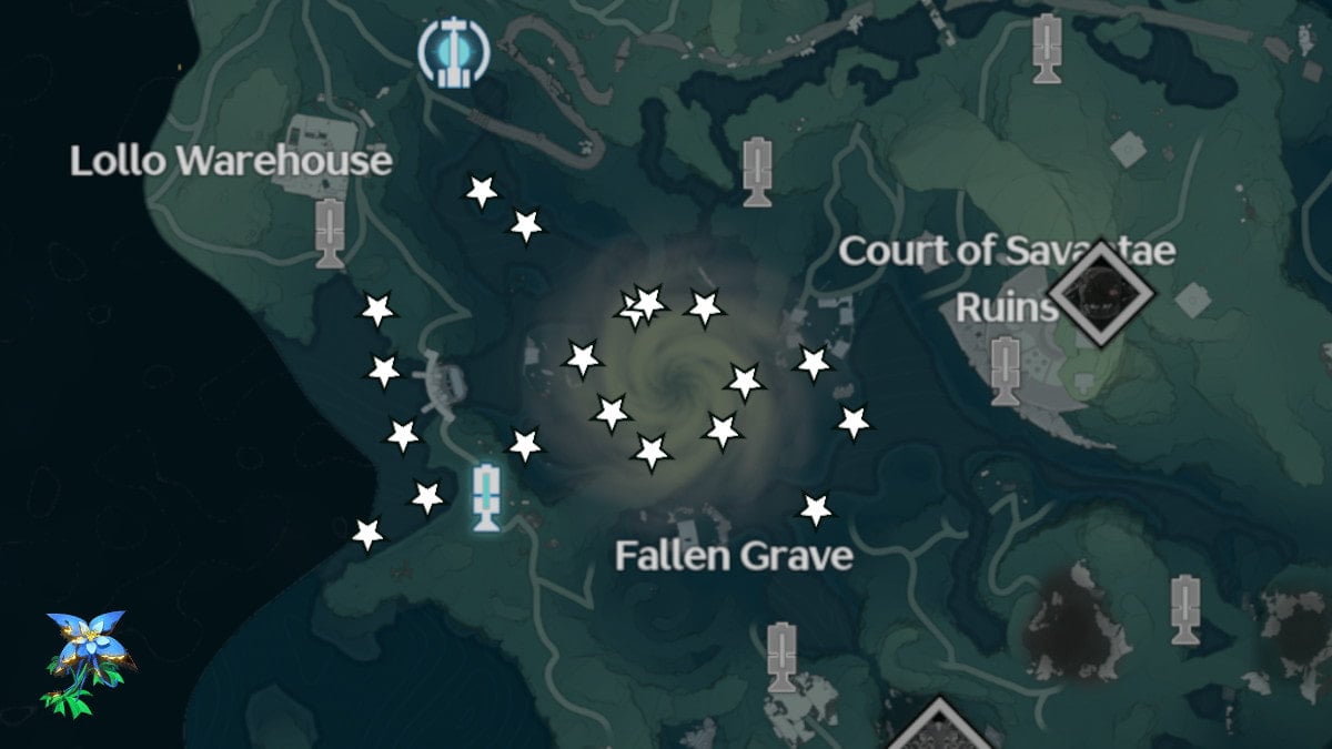 Emplacements de la carte de l'iris dans la zone Fallen Grave dans Wuthering Waves.