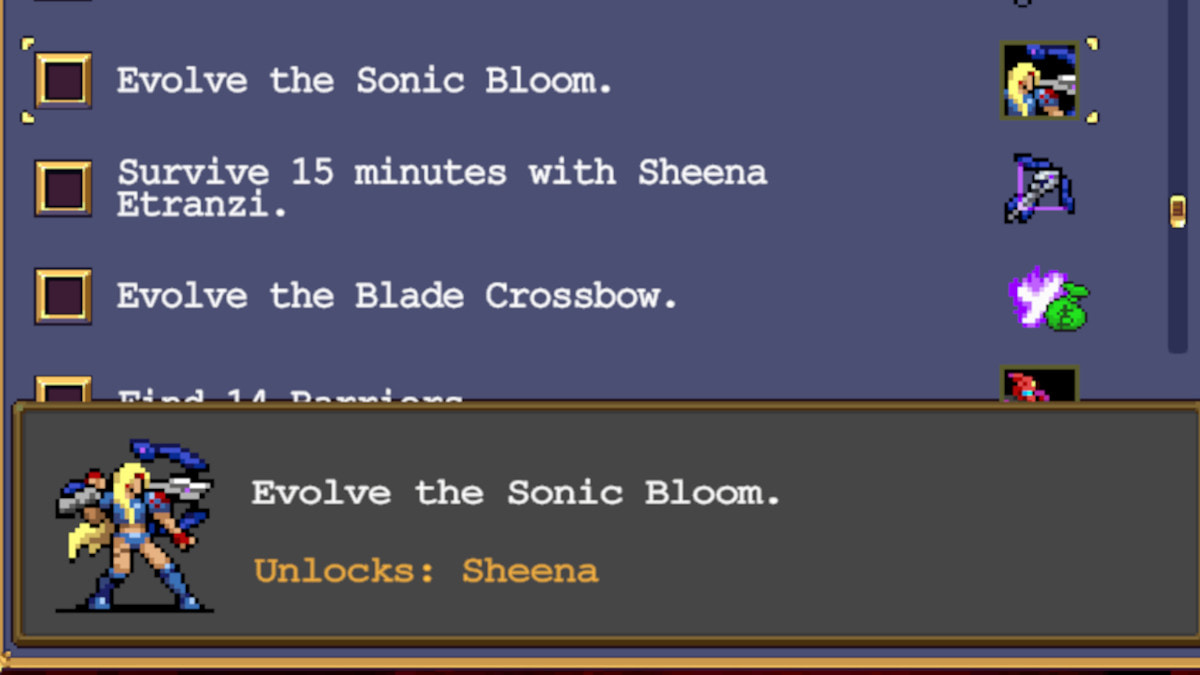 Menu des éléments à débloquer montrant les exigences de déverrouillage de Sheena dans Vampire Survivors Operation Guns