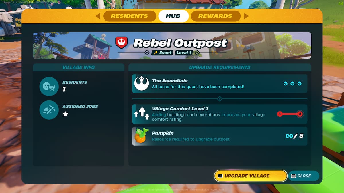 Le menu de mise à niveau de l'avant-poste rebelle dans LEGO Fortnite